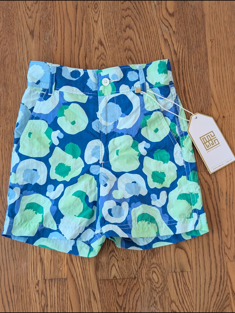 Emily McCarthy Blue Green Sea Glass Cheetah Print Boys Swim Trunks Shorts